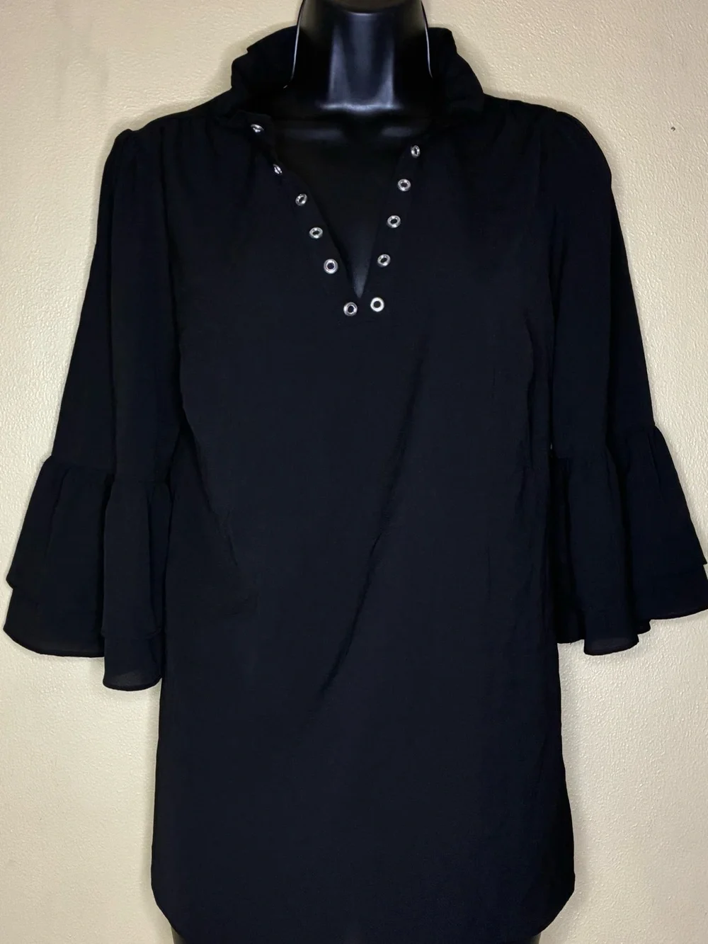 Michael Kors Black V-Neck Eyelet Tunic with Ruffle Sleeves